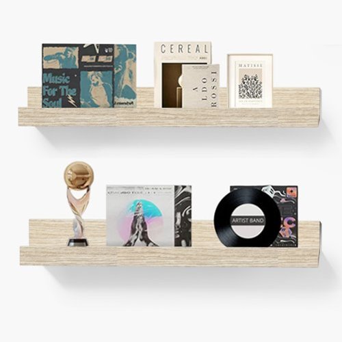 BOMEDA - 2 Pack 16 in Floating Picture Ledge Shelves, Wooden Wall Shelf for Books, Photos & Decor Display for Living Room - Oak-Front_Standard 