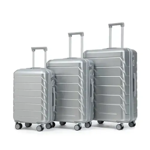 Front. HTUTWOO - ABS Spinner Wheel Luggage Sets - 20"/24"/28" 3 Pcs Carry On Suitcase, Matching Color, Combination Lock - Silver.