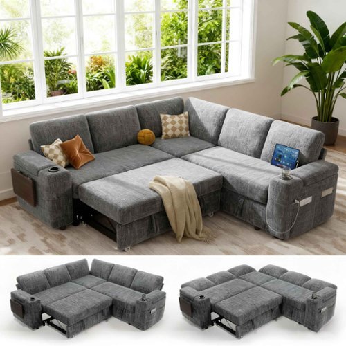 Vipbear - 85" Modular Sectional Sleeper Sofa with Pull Out Bed, 5 Seat L Shaped with Reclining Backrest,Chenille Gray - Gray-Front_Standard 