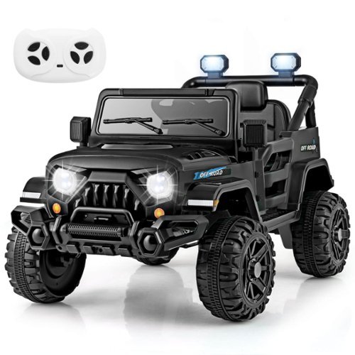 Costway - 12V Kids Ride on Truck Car w/Remote Control, Threaded Wheels 3 Speeds LED Lights - Black-Front_Standard 