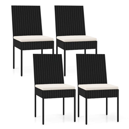 Costway PE Wicker Patio Chairs Set of 4 Outdoor Dining Chairs with Cushions - Off White,Black
