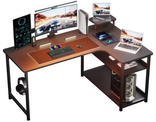 GTPlayer - L Shaped Carbon Fiber Gaming Desk with Monitor Stand - Black
