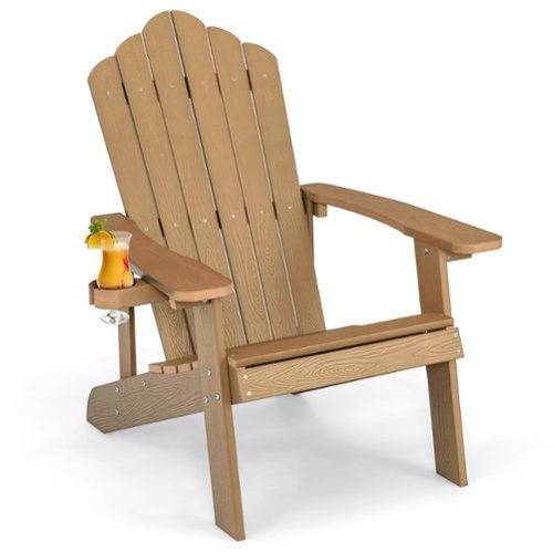 Costway - Patio HIPS Adirondack Chair with Cup Holder Weather Resistant Outdoor 380 LBS - Teak-Front_Standard 