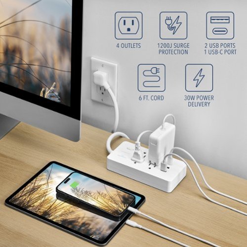 Insignia™ 4-Outlet / 1-USB-C / 2-USB 1,200 Joules Surge Protector Strip with 6 ft. Power Cord - White WORLDWIDE DELIVERY