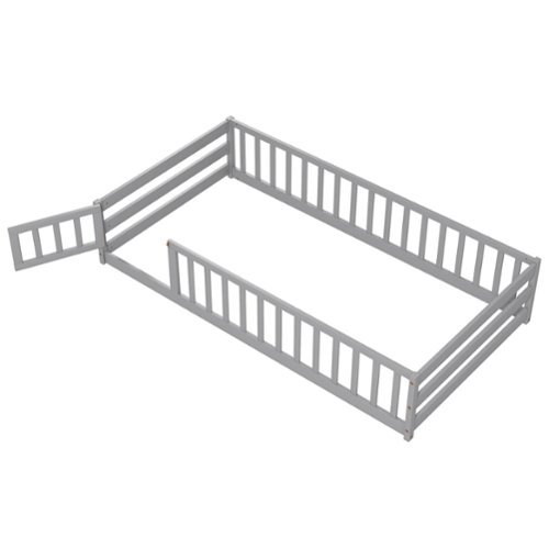 Costway Twin Size Floor Bed with Door & Fence with Safety Guardrails & Slats Support - Gray