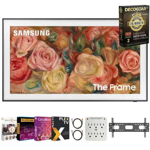 SAMSUNG  
The Frame  

DECOCGEAR + CPS BUNDLE  
26 MONTH PROTECTION  
EXCLUSIVE DECO GEAR  
2 HDMI CABLES  
PREMIUM PROTECTION PLAN  

DAILY FLIXFLING  
Grokker TV  
PLEX TV  
XSTREAM SMARTER