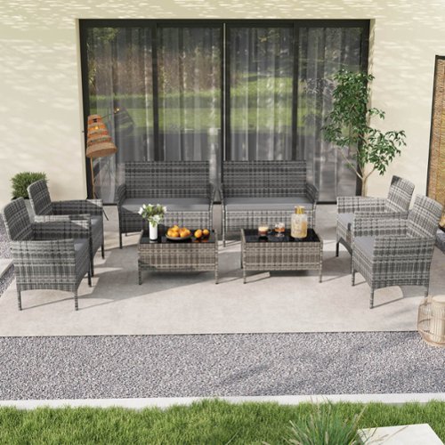 Costway 8 PCS Patio Furniture Set with Washable Cushions and Tempered Glass Coffee Table - Gray