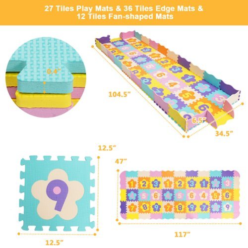 Costway 75 Pieces Baby Foam Interlocking Play Mat w/ Fence w/Detachable Numbers - Multi-Color WORLDWIDE DELIVERY