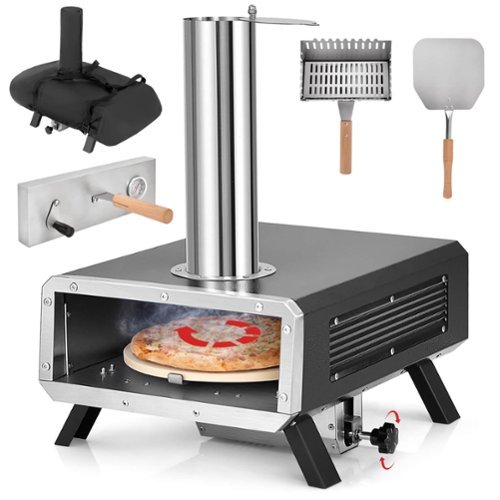 Costway - Outdoor Pizza Oven Wood Pellet Pizza Stove with 12" Round Rotatable Pizza Stone - Black + Silver-Front_Standard 
