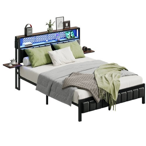 Bestier Queen Size Bed Frame with Upholstered Headboard Integrated Storage LED Lighting, and Charging Station - Brown