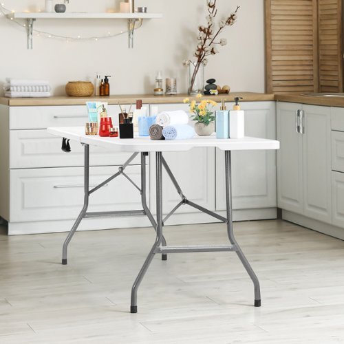 Oumilen - 6ft Bi-Fold Folding Table with Carry Handle - White-Front_Standard 