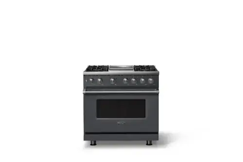 Front. Viking - 36 in. Wide 4 Burner Pro 5 Series 5.6 Cu. Ft. Freestanding Sealed LP Dual Fuel Convection Range/Griddle - Cast Black - Cast Black.