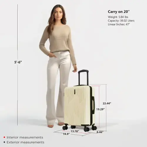 Carry on 20"  
Weight: 5.84 lbs  
Capacity: 36.02 Liters  
Linear Inches: 47"  

Interior measurements:  
13.78" x 14.9" x 8.46"  

Exterior measurements:  
22.44" x 19.29" x 8.46"  

5'-6"