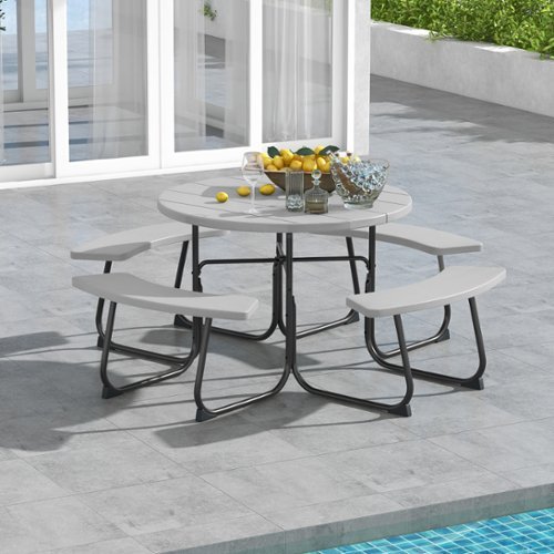 Gymax - Outdoor Picnic Table Portable Picnic Table Bench w/ 4 Benches & Umbrella Hole Grey - Gray-Front_Standard 