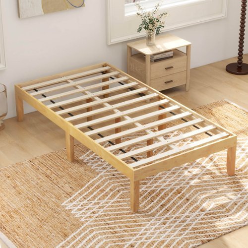 Costway Twin Size Wooden Platform Bed Frame 14" with Rubber Wood Legs Under-bed Storage - Natural