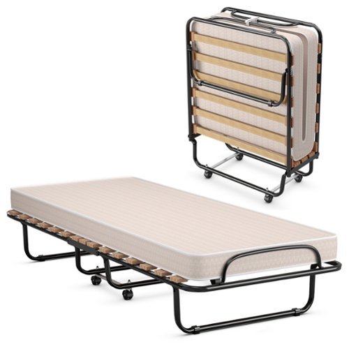 Gymax - Folding Bed Rollaway Metal Guest Bed Sleeper Made in Italy w/ Memory Foam Mattress - Beige-Front_Standard 