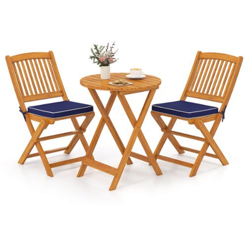 Costway 3 PCS Acacia Wood Patio Bistro Set Folding Table & Chairs Set with Cushions - Natural,Navy