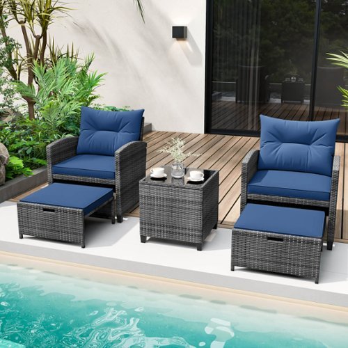 Costway - 5 Piece Patio Rattan Furniture with 2 Ottomans & Tempered Glass Coffee Table - Navy + Mix Grey-Front_Standard 