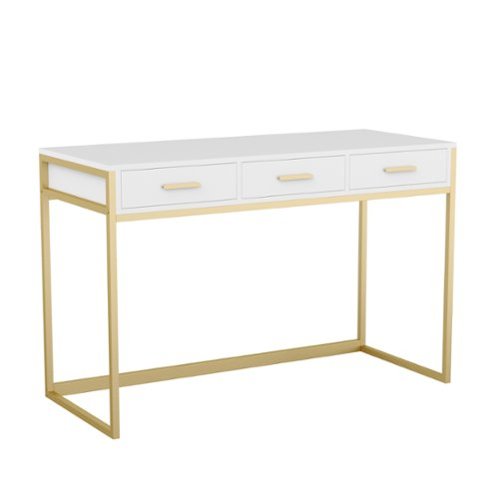 Martha Stewart - Ollie White 3 Drawer Home Office Desk - White Top/Polished Brass Frame-Front_Standard 