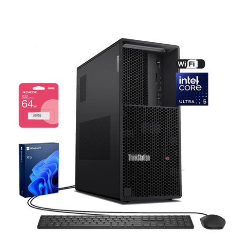 Lenovo - Upgraded - ThinkStation P3 Gen 2 Desktop - Intel Core Ultra 5 225 with 64G RAM 2TB SSD - Wired K & M - Adata 64GB USB Drive - Black-Front_Standard 