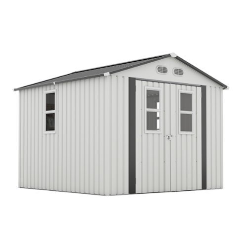 Mondawe - 8x8 FT Outdoor Storage Shed with Protective Film, Four Daylight Windows and Lockable Doors - White-Front_Standard 