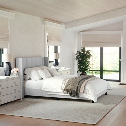 Martha Stewart - Kay Faux Linen Full Size Platform Bed with Channel Stitched Headboard in Gray - Gray Fabric/Black Legs