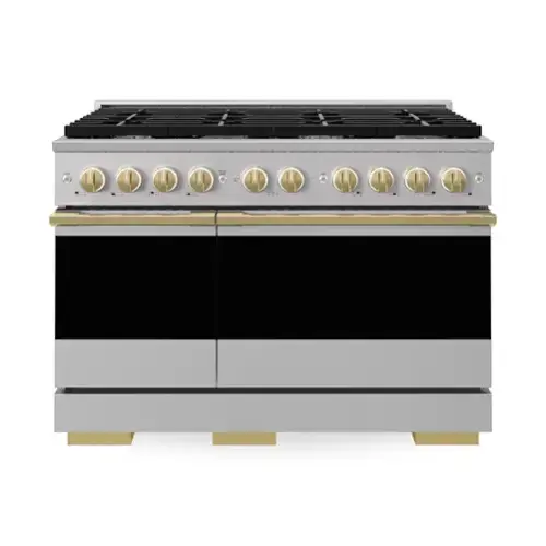 Front. ZLINE - Autograph 48 in. 6.7 cu. ft. Marino Freestanding Double Oven Gas Range with 8 Burners and Polished Gold Accents - Stainless Steel.
