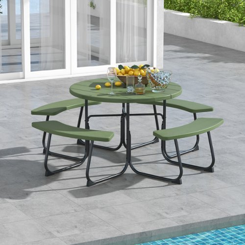 Gymax - Outdoor Picnic Table Portable Picnic Table Bench w/ 4 Benches & Umbrella Hole - Green-Front_Standard 