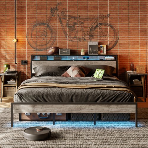 Bestier Bed Frame Platform Bed with Storage Headboard LED Lights and Charging Station King - Grey