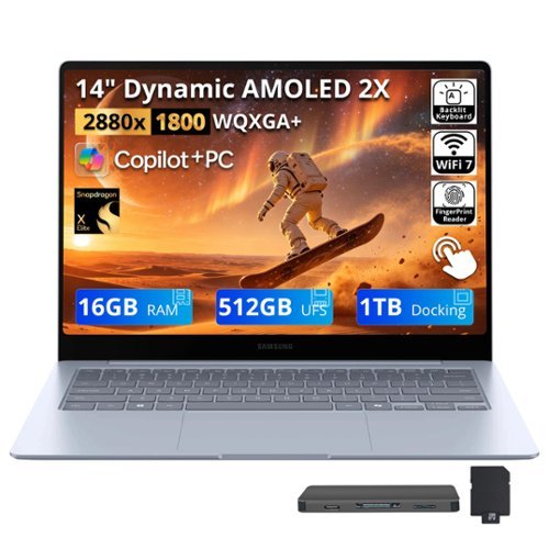  Samsung - Galaxy Book4 Edge 14" AMOLED Touch Laptop,Snapdragon X Elite,16GB RAM,512GB UFS+1TB Dock Set,Backlit,Fingerprint,Win11 - Blue
