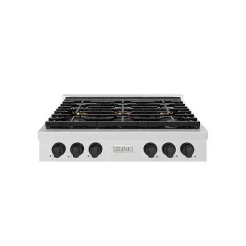 Front. ZLINE - 36 in. Wide 6 Burner Autograph Satin SteelParamount Rangetop with with Black Accents (PSRTSZ-36-MB) - Satin Stainless Steel.