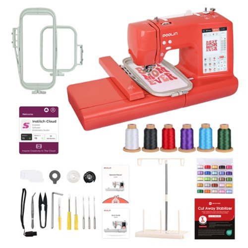 Poolin - EOC05-RE 9.2x4" Big Area Computerized Embroidery Machine 7" Touch Screen Wifi with starter Kit Institch Software - Red-Front_Standard 
