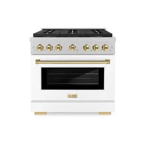 Front. ZLINE - ZLINE Autograph 36 in. 5.2 cu. ft. Freestanding Paramount Dual Fuel DuoPro Range in Satin Steel w/ White & Gold Accents - White Matte.