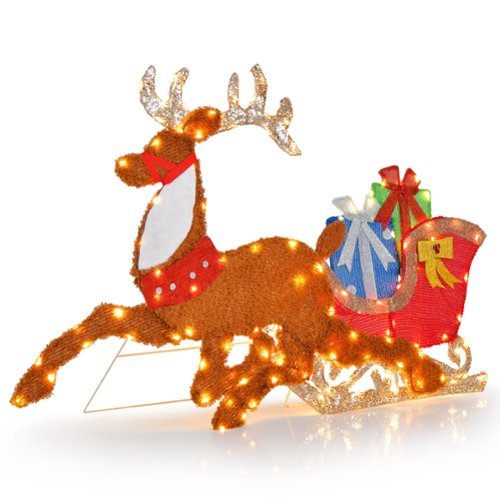 Costway - Lighted 2D Christmas Reindeer and Sleigh Decoration Pre-Lit Glittered Decoration - Brown/Red-Front_Standard 