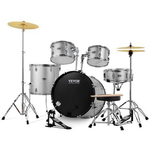VEVOR - Adult Drum Set, 5-Piece, 22 inches Complete Full Size Drum Kit with Bass Toms Snare Floor Drum Adjustable Throne Stands - Silver-Front_Standard 