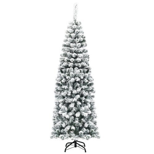 Costway - 6Ft Unlit Hinged Snow Flocked Artificial Pencil Christmas Tree with 500 Branch Tips - Green/White-Front_Standard 