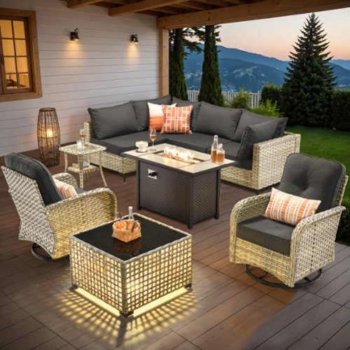 Ovios - 9 PCS Patio Furniture with 42" Fire Pit Table, Rattan Sectional Sofa with Swivel Chairs and Coffee Table - Black-Front_Standard 