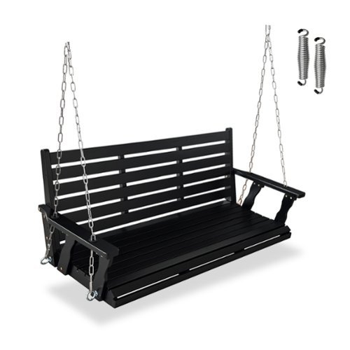 Fortune Candy - Wooden Porch Swing with Chains & Springs, 880 LBS Heavy Duty Bench for Patio & Porch (Extra Large, 3-Seater) - Black-Front_Standard 