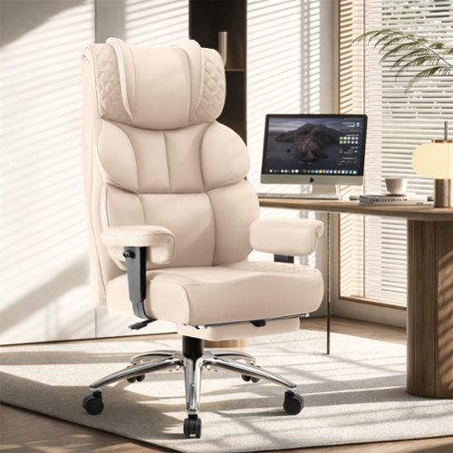KERDOM - Large PU Leather Office Desk Chair Gaming Chair with Footrest, Wide Seat Ergonomic Comfy Executive High Back Reclining - White-Front_Standard 