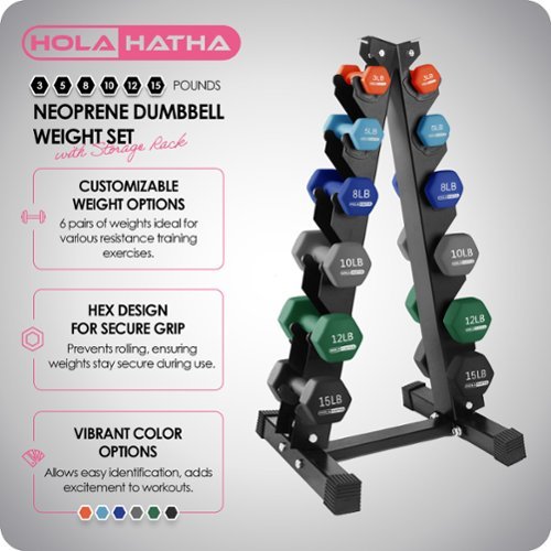 HolaHatha 3, 5, 8, 10, 12 & 15 Pound Neoprene Dumbbell Weight Set