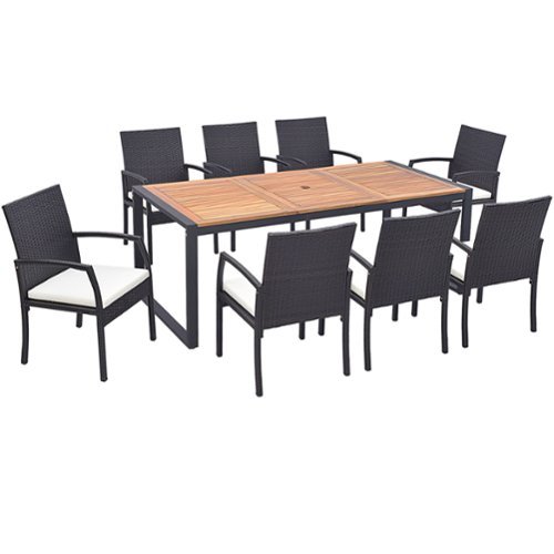 Costway - 9 Pieces Patio Rattan Dining Set with Acacia Wood Table, 1.9" Umbrella Hole - Mix Brown + Off White-Front_Standard 