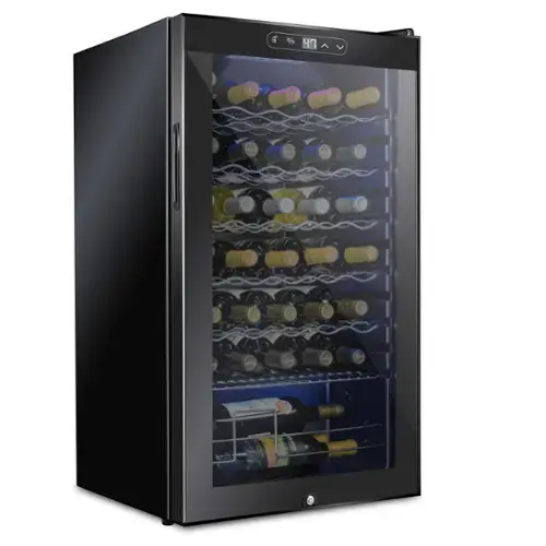 Front. Schmecke - 34 Bottle Compressor Wine Refrigerator, Freestanding Wine Cooler with Lock, Black - Black.