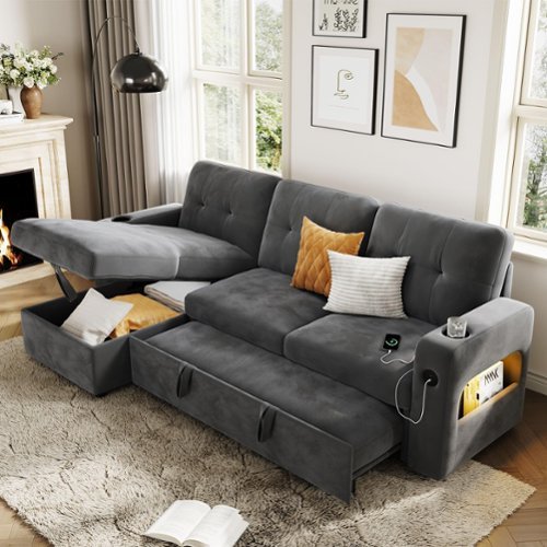  Jojoka - 84" L-Shaped Sleeper Sofa, Convertible Pull-Out Bed w/Storage Chaise, Charging Station &amp; LED Lights - Gray