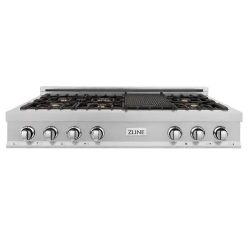 Front. ZLINE - ZLINE 48 in. Legacy Gas Rangetop with 6 Brass Burners and Porcelain Cooktop in Satin Stainless Steel (RTS-BR-48) - Satin Stainless Steel.