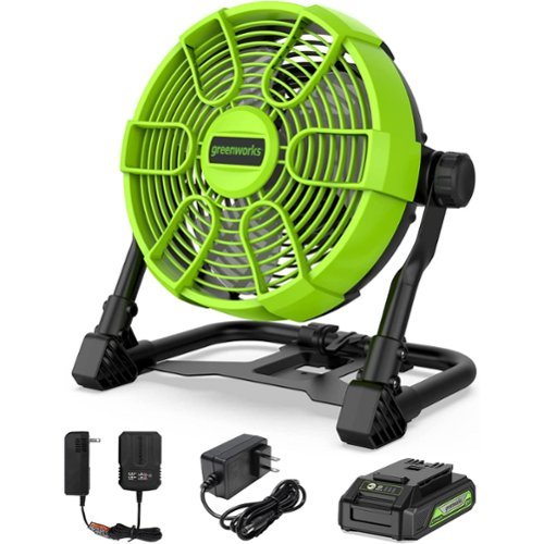 Greenworks - 24V 10" (5-Speed) Fan (500 CFM) with 2.0Ah USB Battery and Charger - Green-Front_Standard 