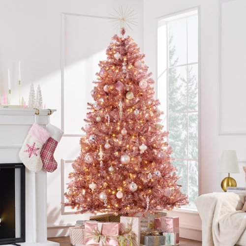 Best Choice Products - Prelit 7.5ft Artificial Tinsel Christmas Tree Festive Holiday Decoration w/ 1,350 Tips - Pink-Front_Standard 