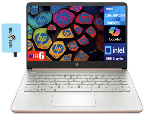 HP - 14 Laptop 14.0 HD (Intel Celeron N4500, 16GB DDR4, 512GB PCIe SSD, Intel UHD, Win 11 Pro) w/USB Hub - Pale Rose Gold Natural Silver-Front_Standard 