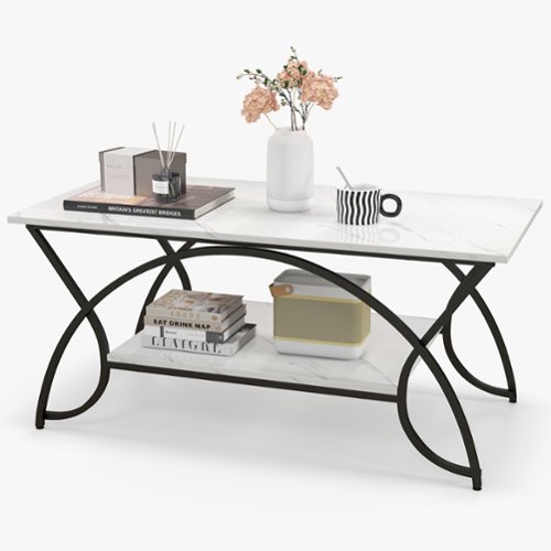 Costway 2-Tier Industrial Coffee Table Rectangular Cocktail Table with Storage Shelf - White