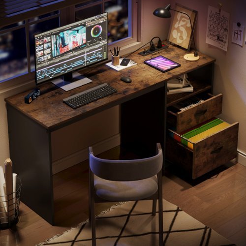 Bestier L-Shaped Reversible Gaming Desk with LED Monitor Stand, Storage Shelves, and Bag - 42" wide - Brown
