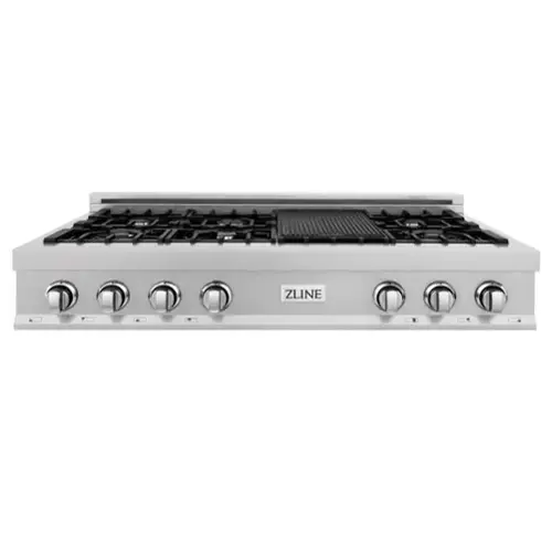 Front. ZLINE - ZLINE 48 in. Legacy Gas Rangetop with 7 Burners and Porcelain Cooktop in Satin Stainless Steel (RTS-48) - Satin Stainless Steel.